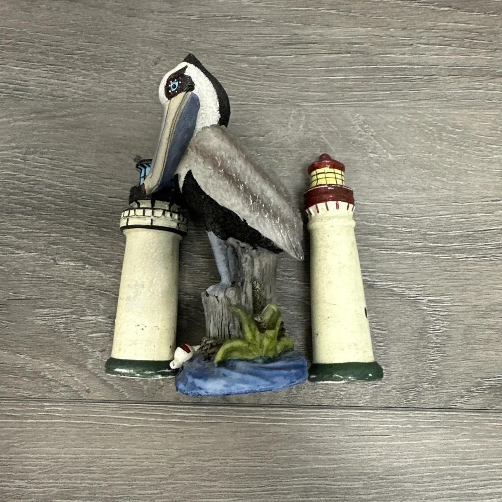 Lighthouse Pelican Salt Pepper Shaker Set 3pc Tan Blue Good Nautical Ocean Decor